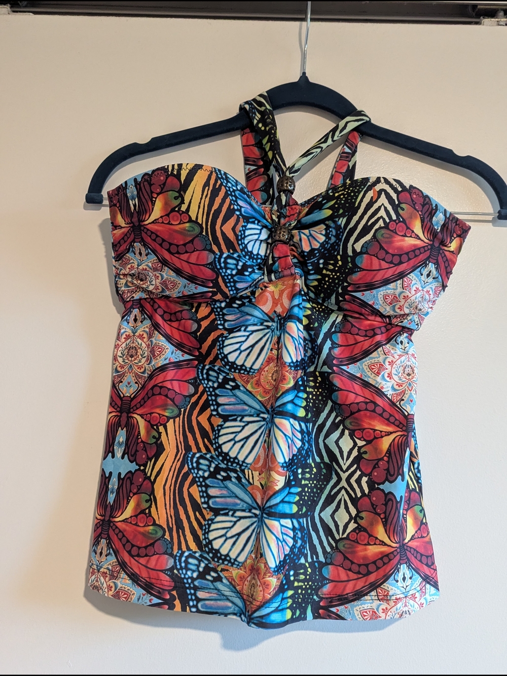 Y2K Zebra Butterfly Halter Tankini Swim Top Small